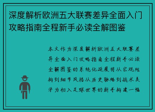 深度解析欧洲五大联赛差异全面入门攻略指南全程新手必读全解图鉴